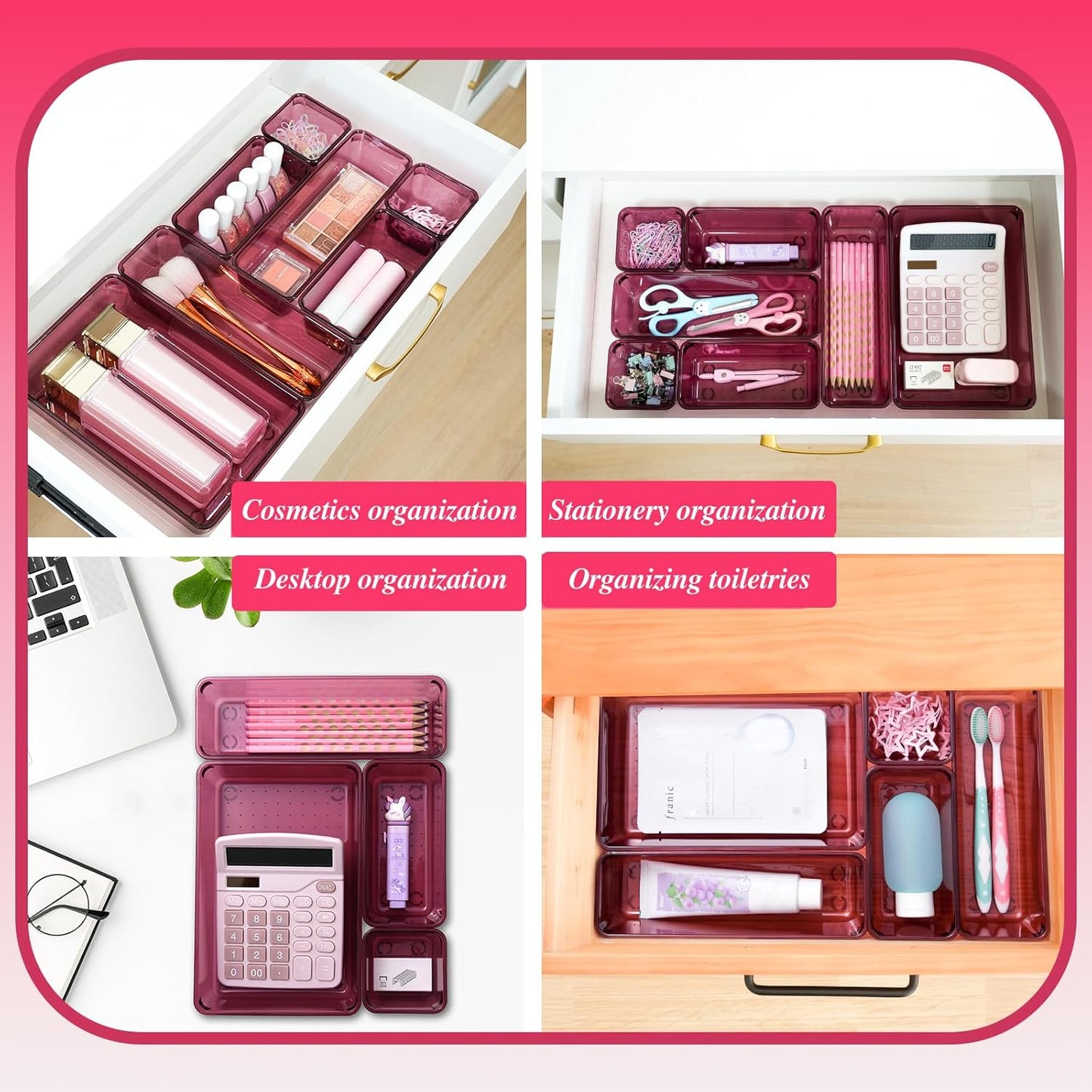 Kitchen Desk Drawer Organizers Storage for Office, Small Acrylic Vanity Trays Makeup for Drawer Bathroom Plastic Make up Organizers 25 Pcs Burgundy