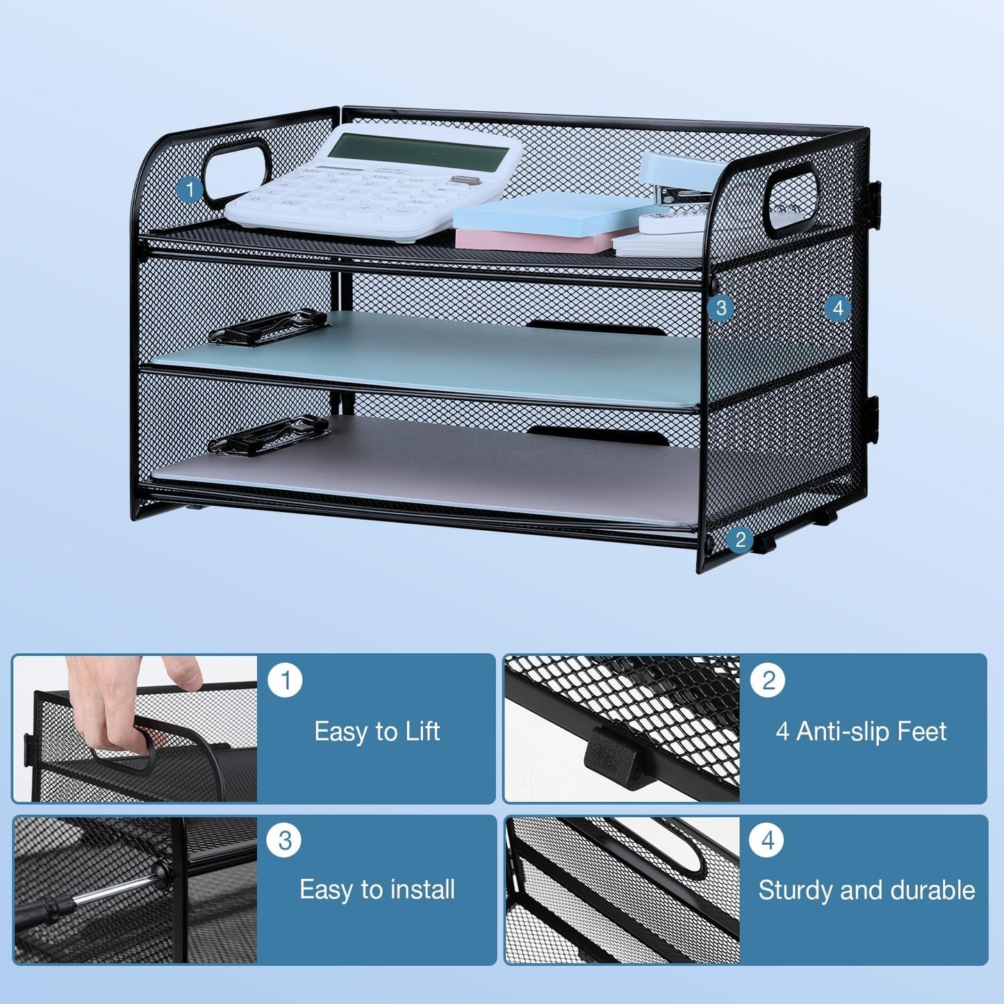 3-Tier Letter Tray Paper Organizer with Handle, Compact Mesh Desk File Organizer for Home Office Supplies Desktop Accessories,Black