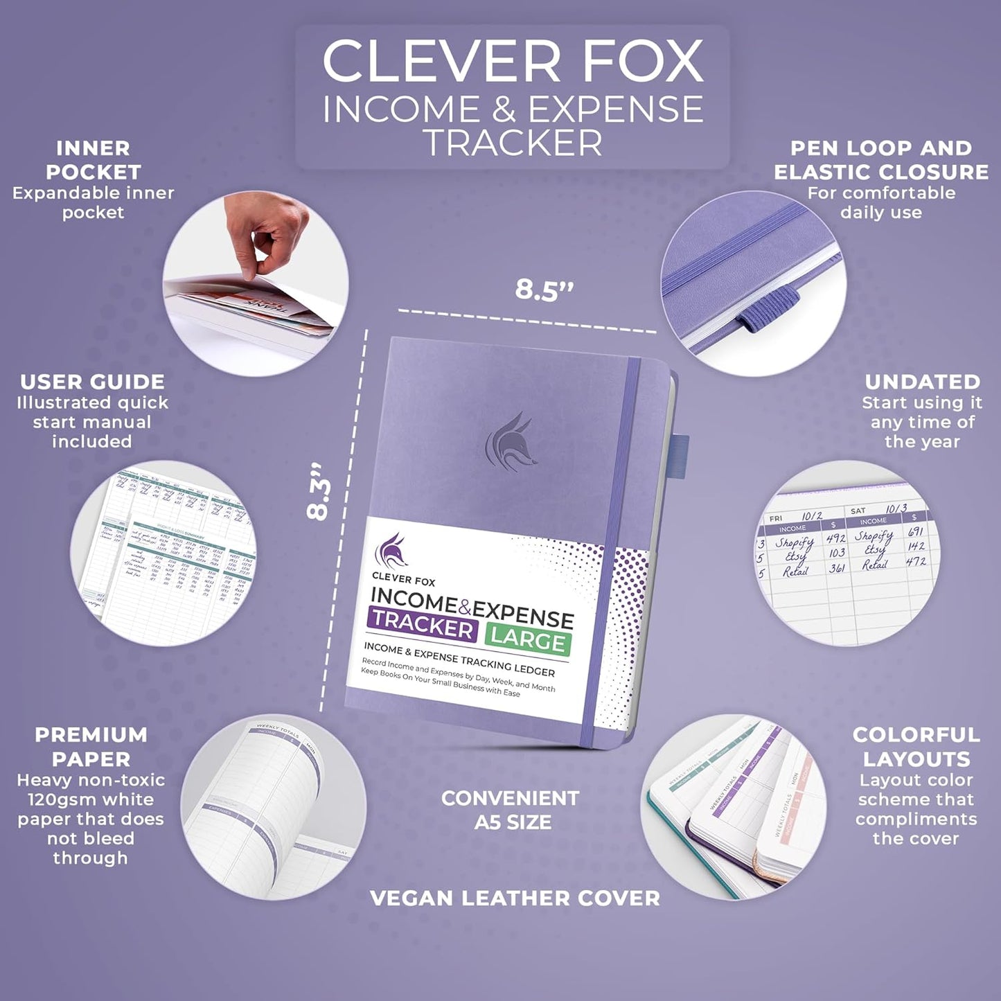 Clever Fox Income & Expense Tracker Large – Accounting & Bookkeeping Ledger Book for Small Business – 2-Year Record Notebook, A4 (Lavender)