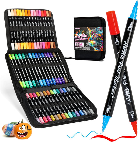Acrylic Paint Markers, 48 Color Dual Tip Acrylic Paint Pens with Brush and Fine Tips for Rock Painting,Wood,Canvas,Ceramic,Card Making,Vibrant Color Ideal for Artists, Crafters & DIY Projects