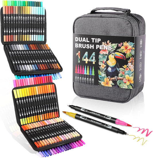 Double Brush Marker Pens, 144 Colors Art Markers Set with Fine Tip and Brush Tip for Kids Adult Coloring Book Hand Lettering Calligraphy Drawing Art Supplies Kit