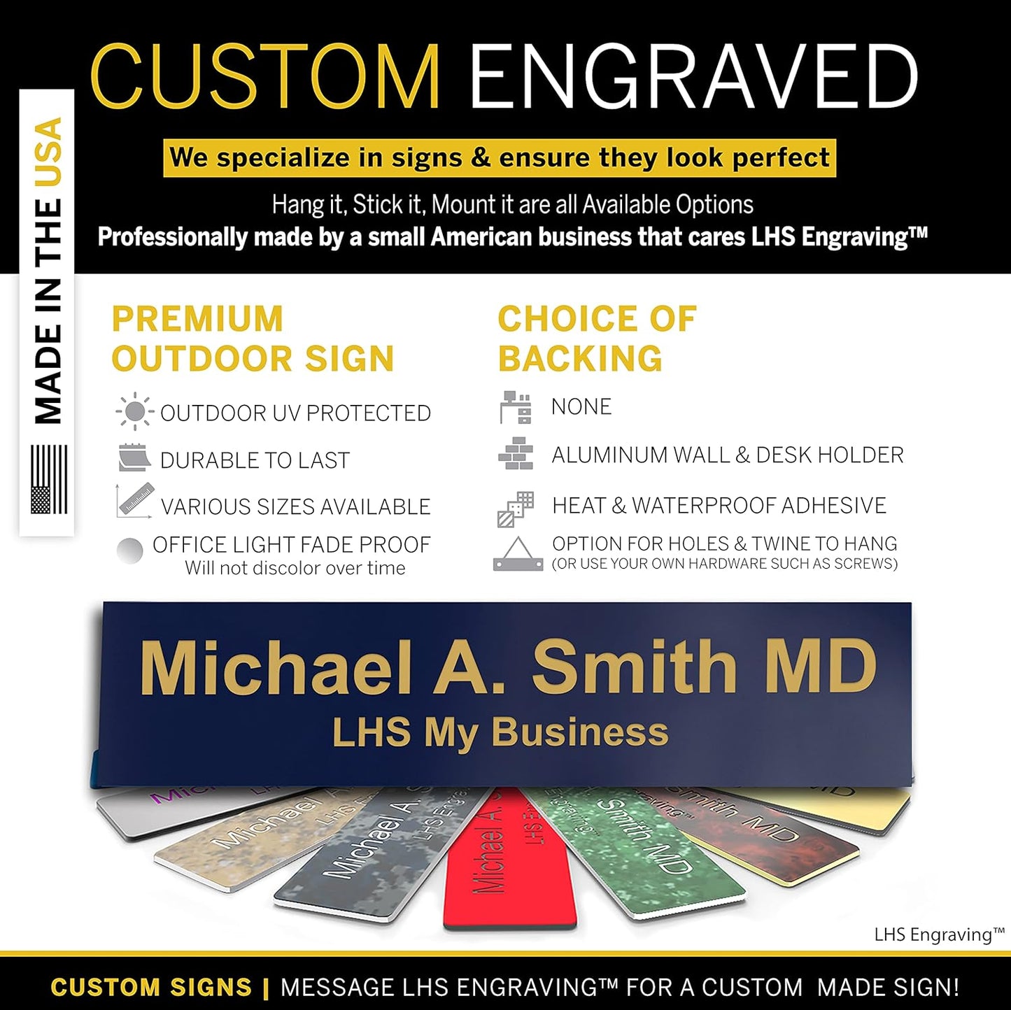 Engraved Custom Door Plate Navy Blue Plastic Office Door Sign with Gold Letters - Made in USA 2x6 B10