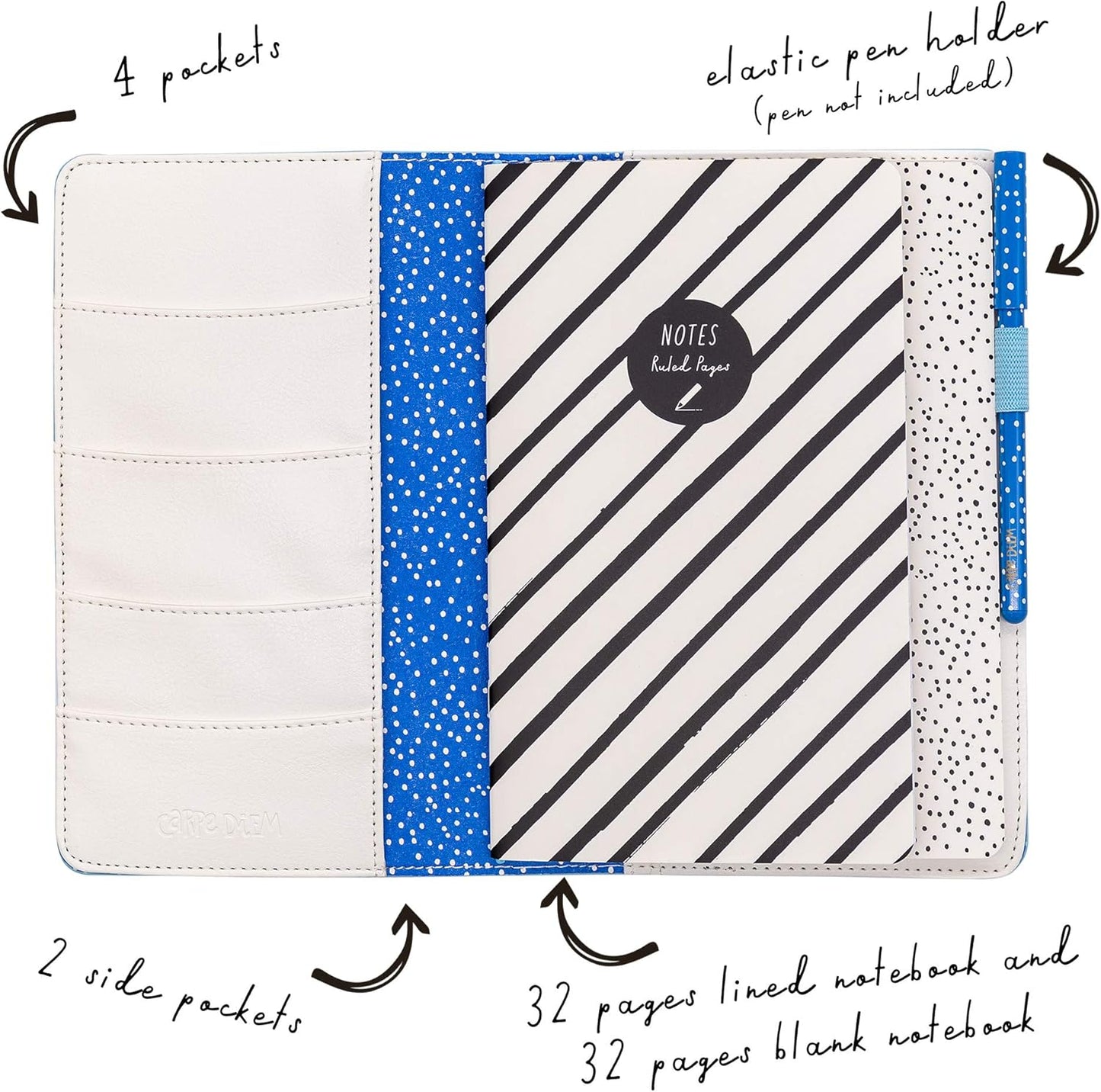 Pukka Pad, Carpe Diem Refillable Traveler’s Notebook Cover – Faux Leather Portfolio with Blank and Lined Notepads – Includes 6 Pockets, Pen Loop, and Elastic Closure – 8.5 x 5.5 Inches, Feathers