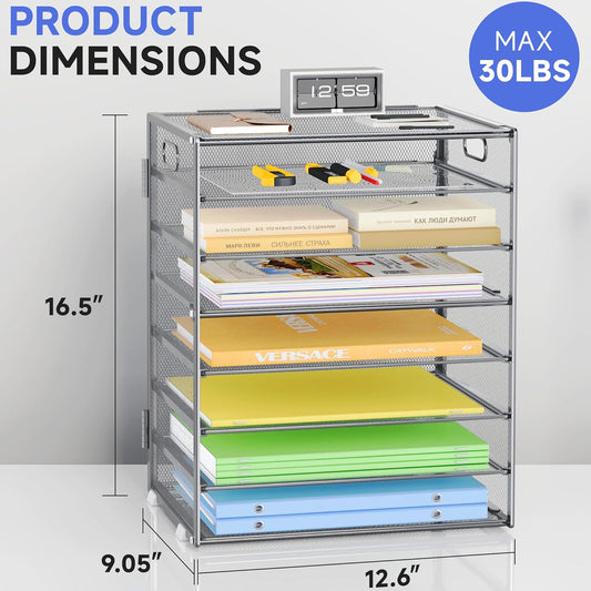 Paper Organizer with Handle 8 Tier Metal Mesh Desk File Organizer Large Capacity Desk Organizers Paper Letter Tray Desktop Document Sorter for Office, Home or School 2 Pack Silver