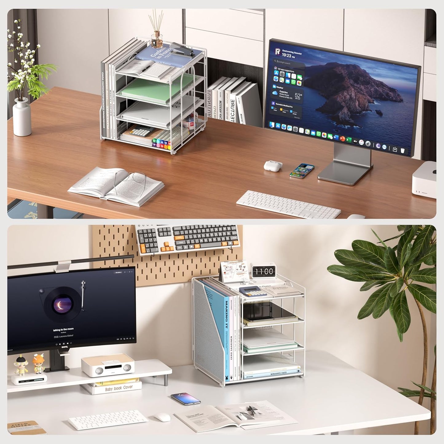 Desk File Organizer and Accessories, 4-Tier Paper Organizer with Vertical File Holder, Office Desk Accessories & Workspace Organizers and Storage for Office Supplies (White)