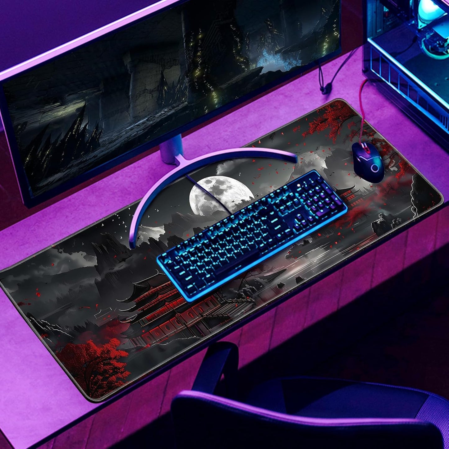 Japanese Desk Mat Riverside Full Moon Large Mouse Pad Gaming Mousepad Extended XL Keyboard Mat Computer Laptop Mouse Desktop Mat 31.5 X 11.8 Desk Decor