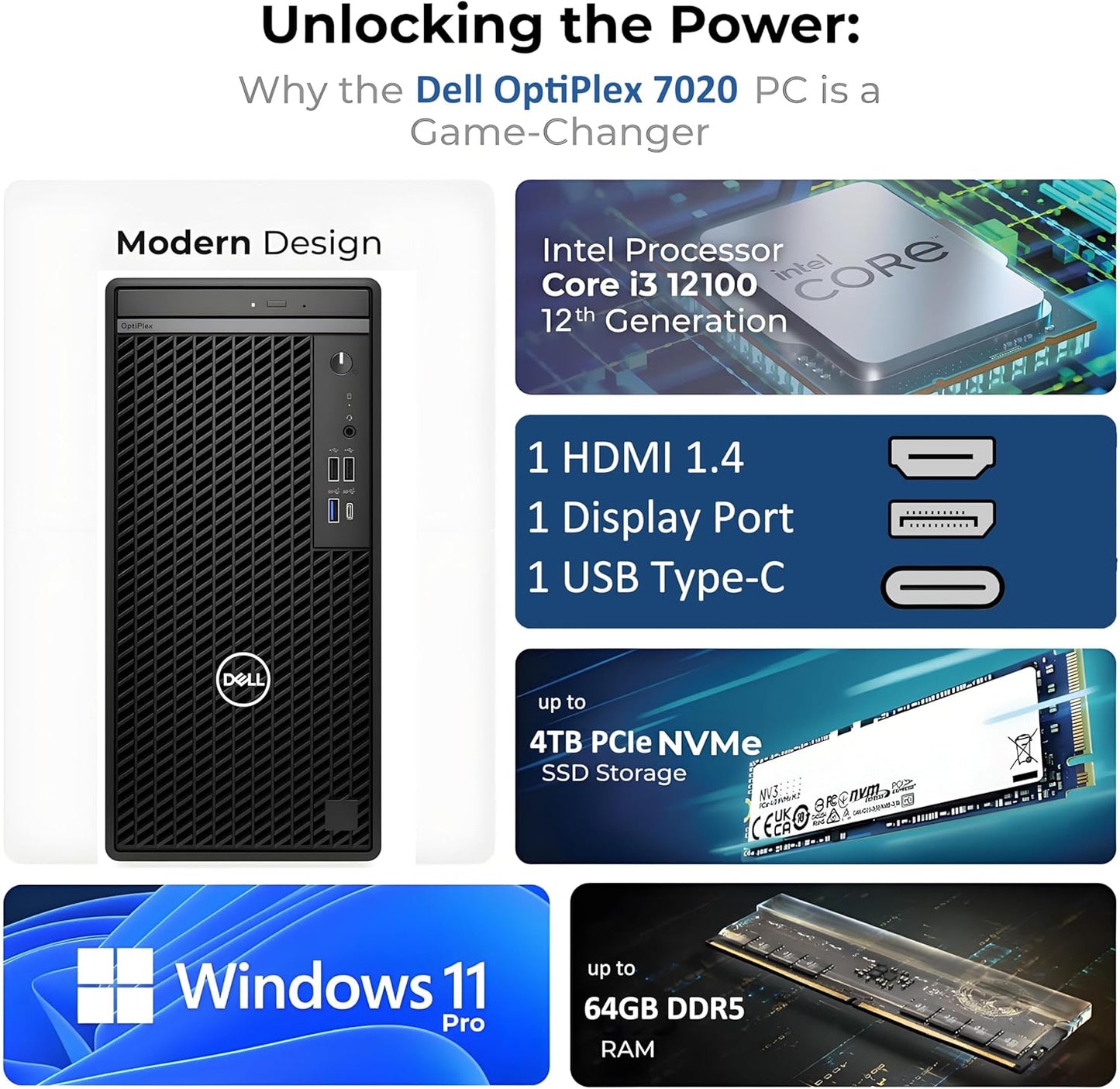 Dell OptiPlex Desktop Computer, 7020 Tower Dekstop PC, 12th Gen Intel 4-Core Processor (Beats Core i7-9700), 16GB DDR5 RAM, 512GB PCIe SSD, DVDRW, WiFi Adapter, RJ-45, Keyboard & Mouse, Windows 11 Pro