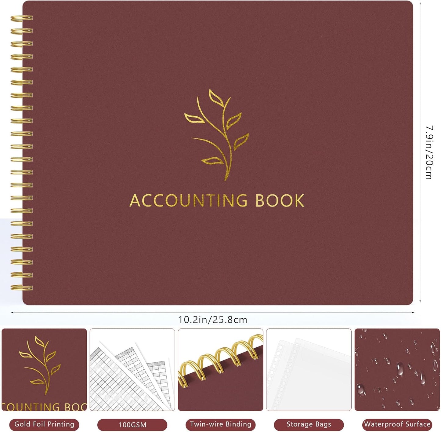 Accounting Ledger Book for Small Business Bookkeeping & Personal Use, Horizontal Expense Tracker Notebook for Family Budget, Bookkeeping Record Book Money Expense Income Log Journal, Wine Red