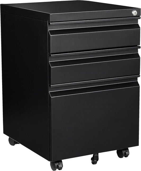 3 Drawer Mobile Metal File Cabinet, Black Filling Cabinets with Lock, Pre-Built Office Storage File Cabinet with Wheels Under Desk - Assembled Required