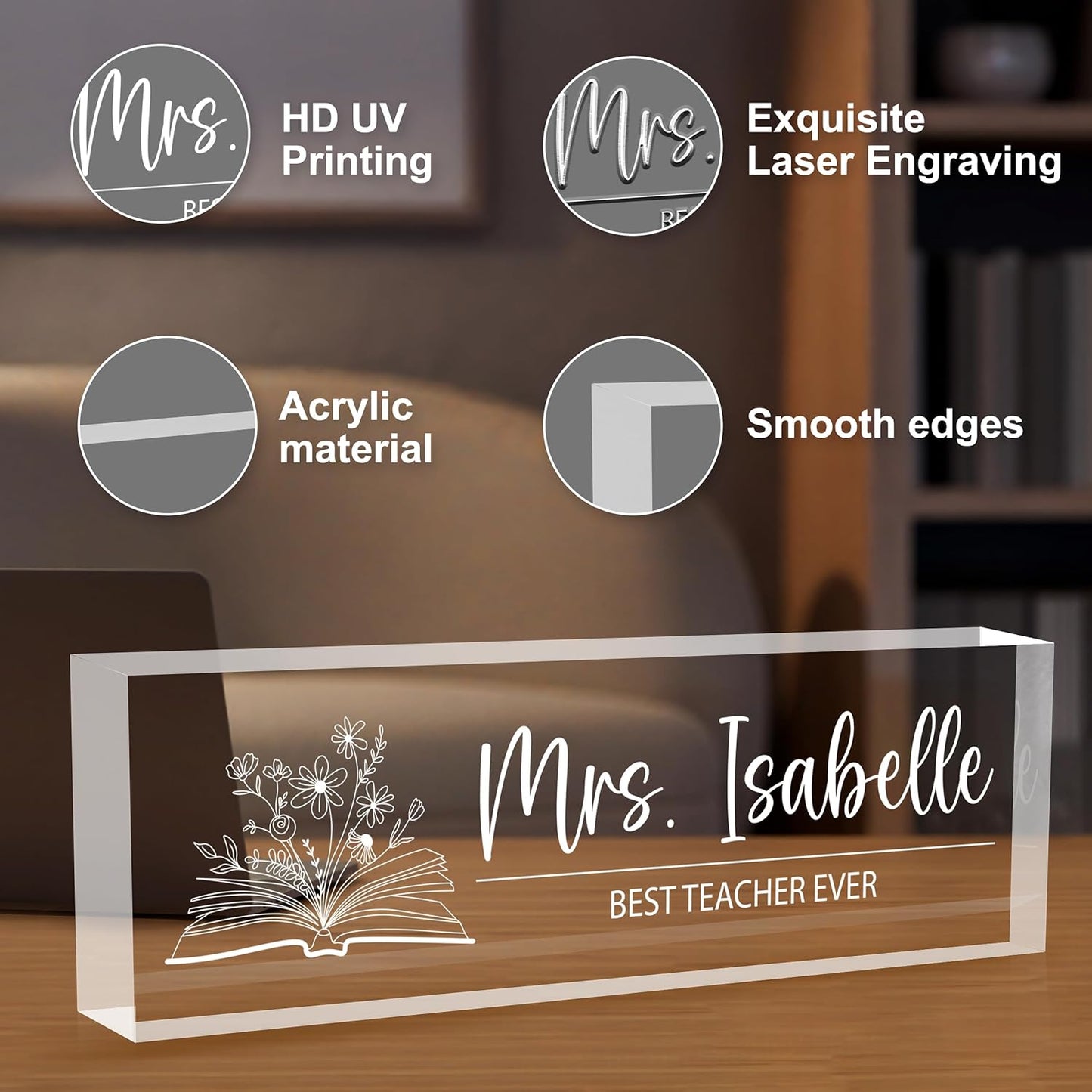 Personalized Desk Name Plates, Acrylic Engraved Teacher Name Plate for Desk, Custom Office Gifts & Desk Decor for Women Men, Back to School Teacher Appreciation Gifts