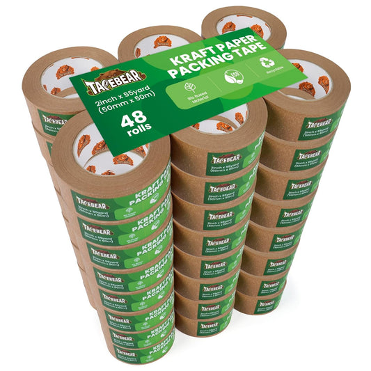 Eco-Friendly Kraft Paper Tape, Biodegradable Heavy Duty Packing Tape 2Inch x 55Yard, Recyclable Packaging Tape Self Adhesive Box Tape for Shipping, Sealing, Moving & Masking, 48Rolls
