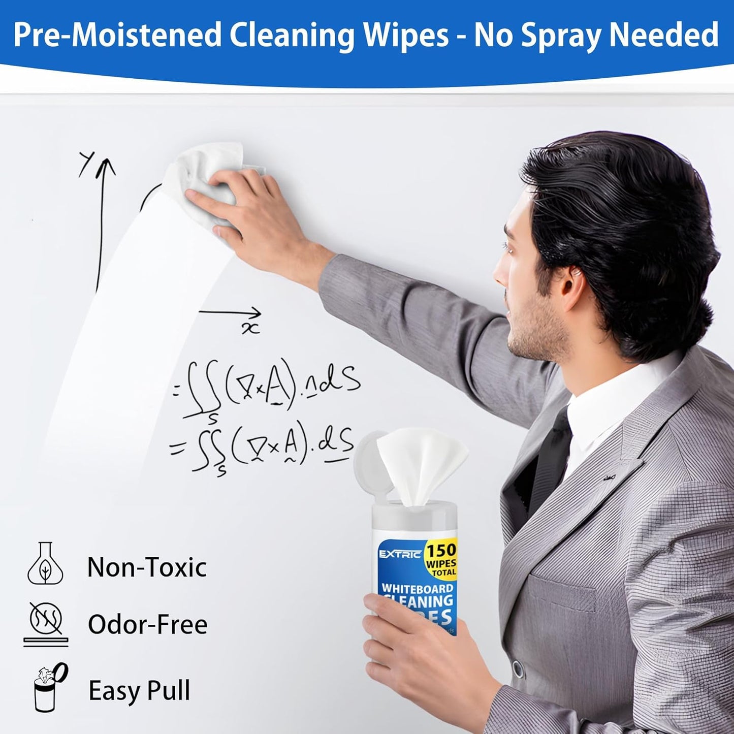 EXTRIC Whiteboard Cleaning Wipes, 150 Count Dry Erase Wipes Pre-Moistened, Non-Toxic, Low Odor White Board Cleaner 75 Per Canister + 75 Refill Pack Ideal for Classroom, School, Office