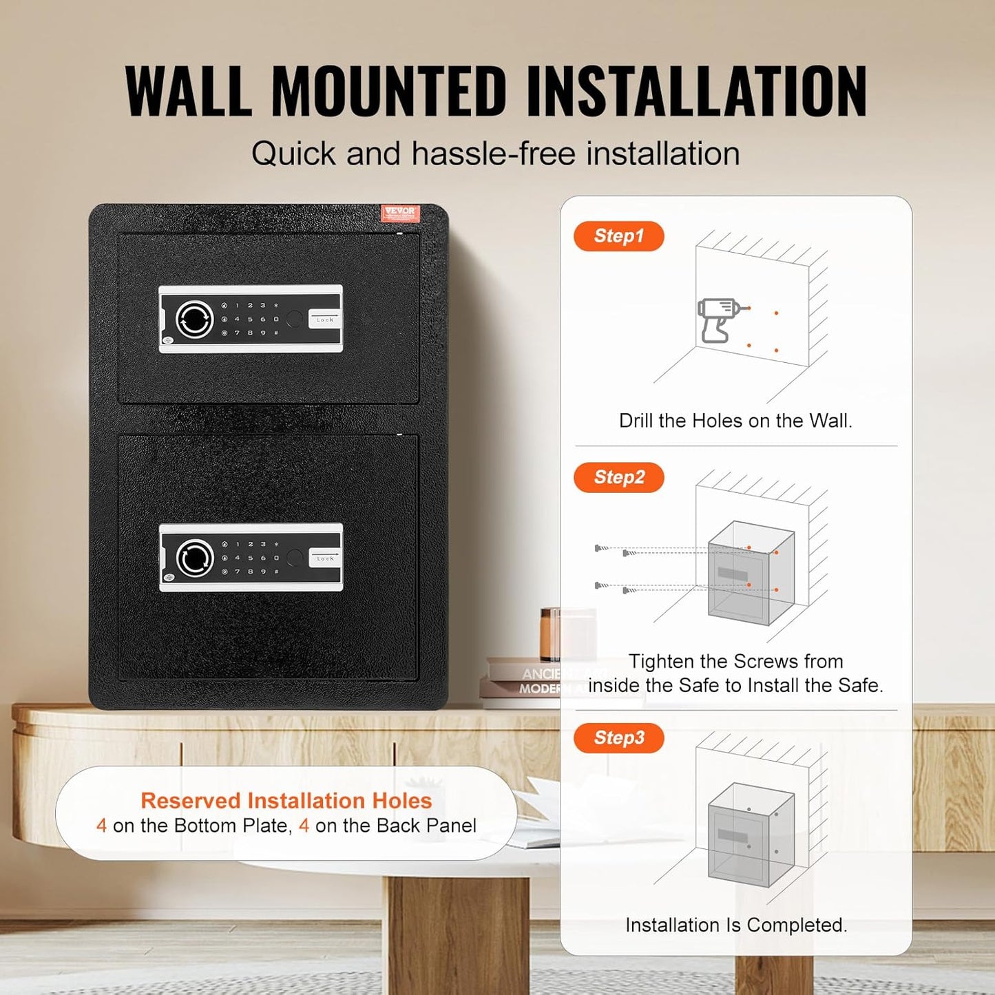 VEVOR Double Doors 3.5 cu.ft Safe Box with Key Lock & Password, Safe Lock Box with Fireproof Bag, Key Rack, LED Light and 2 Height Adjustable and Removable Divider for Money, Jewelry and Valuables