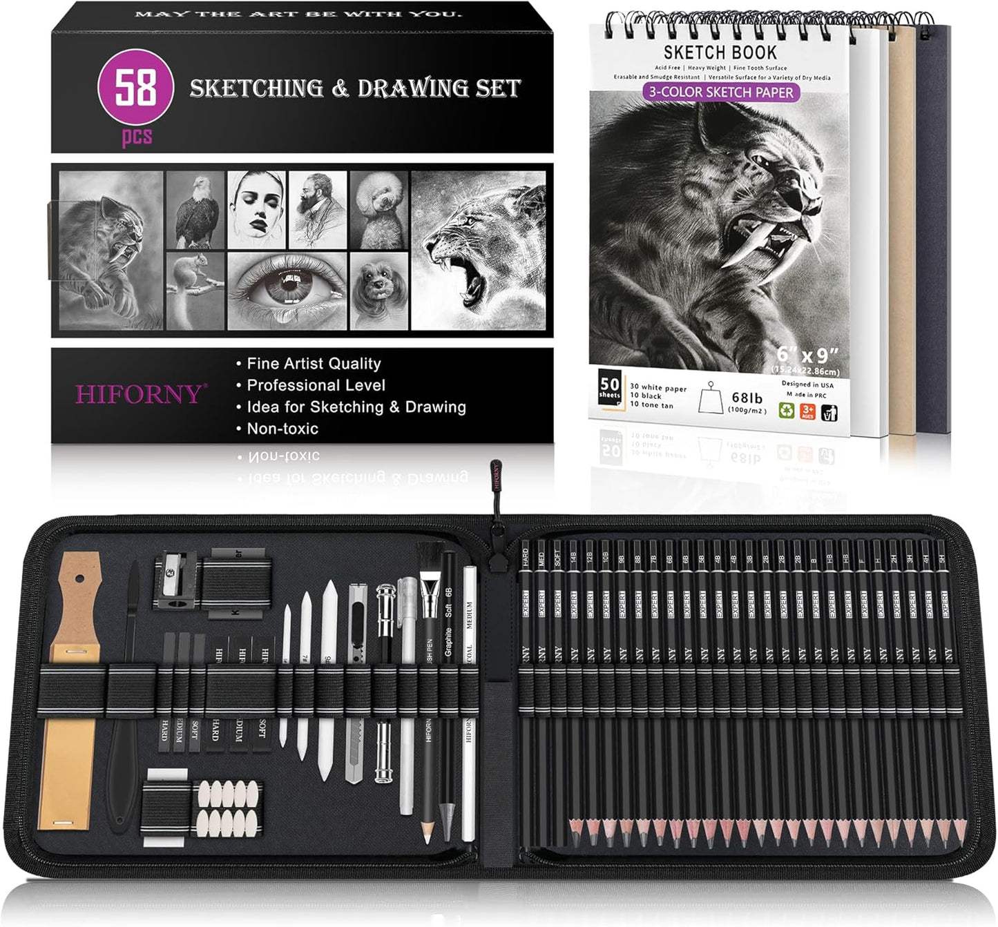 HIFORNY 58 PCS Drawing Kit Sketching Pencil Set,Sketch Pencils Art Supplies with 3-Color Sketchbook,Graphite,Charcoal,Blending Tools,Drawing Pencils for Adults Artists