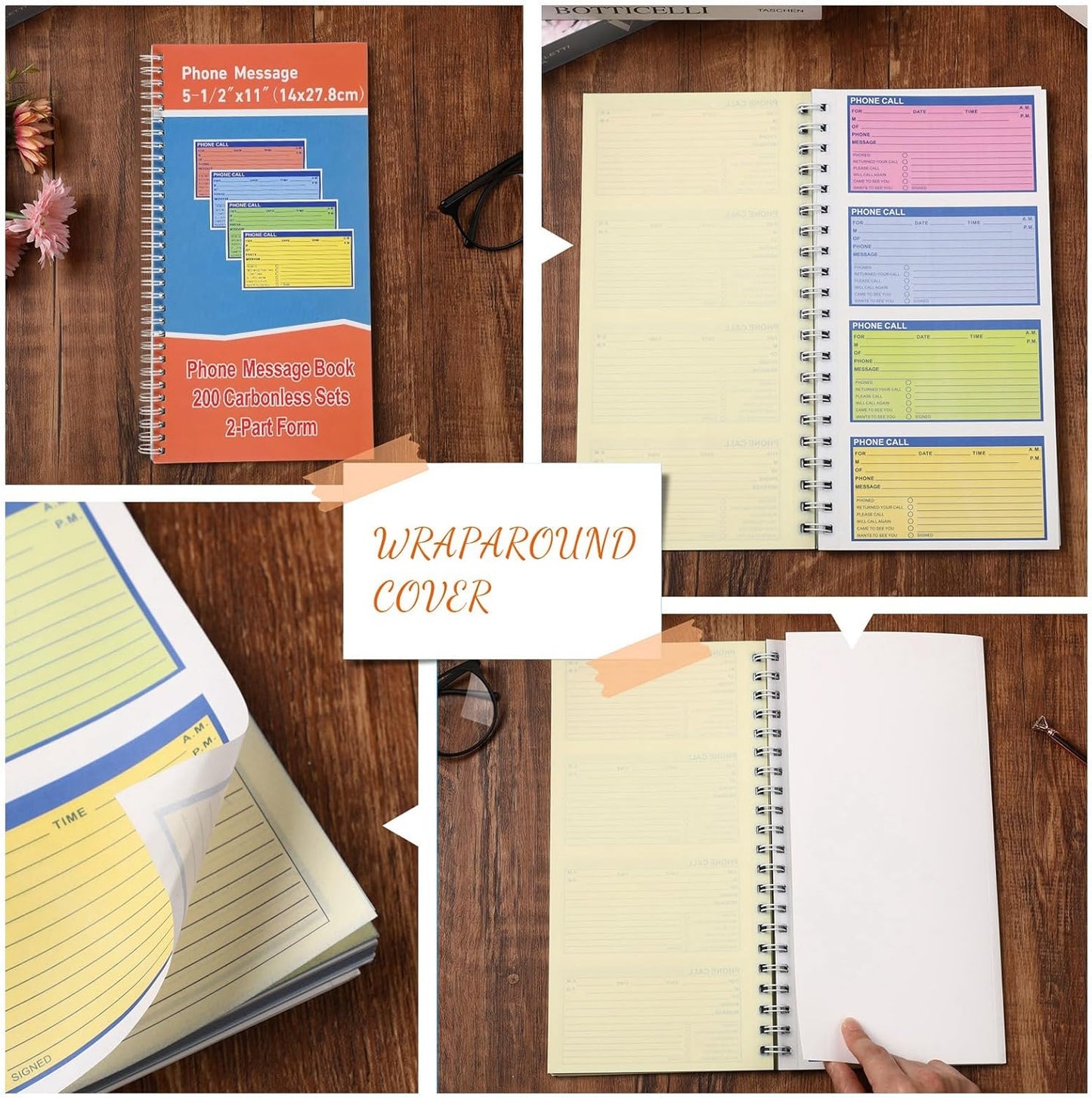 5 Pcs Spiral Bound Phone Message Book 5-1/2" x 11" 2 Part Colorful Carbonless Phone Message Pads 4 Messages Per Page Carbon Copy Notebook Spiral Phone Call Log Book for Business Office