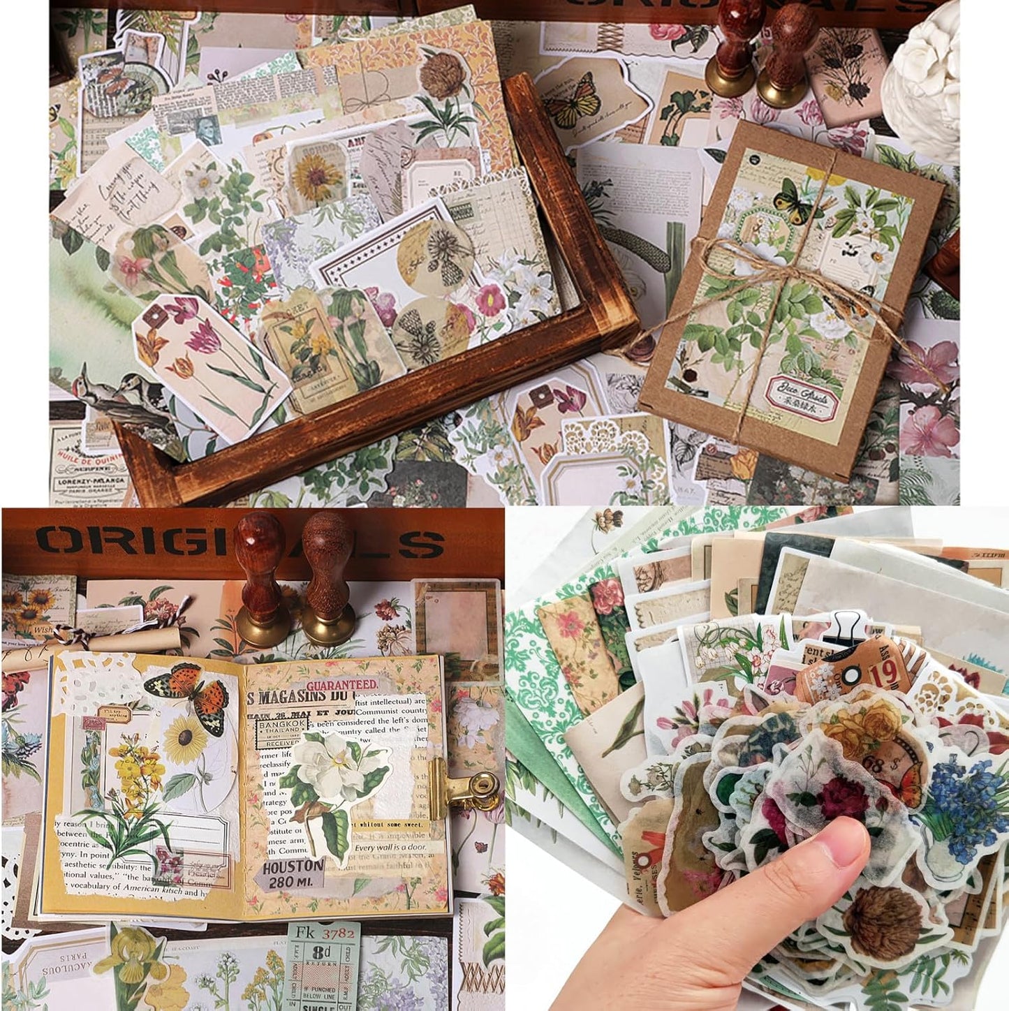 200PCS Vintage Scrapbooking Supplies Pack, Aesthetic Scrapbook Sticker Paper Art Journaling Kit for Bullet Junk Journals,Planner,Cottagecore Decor Gifts (Floral)