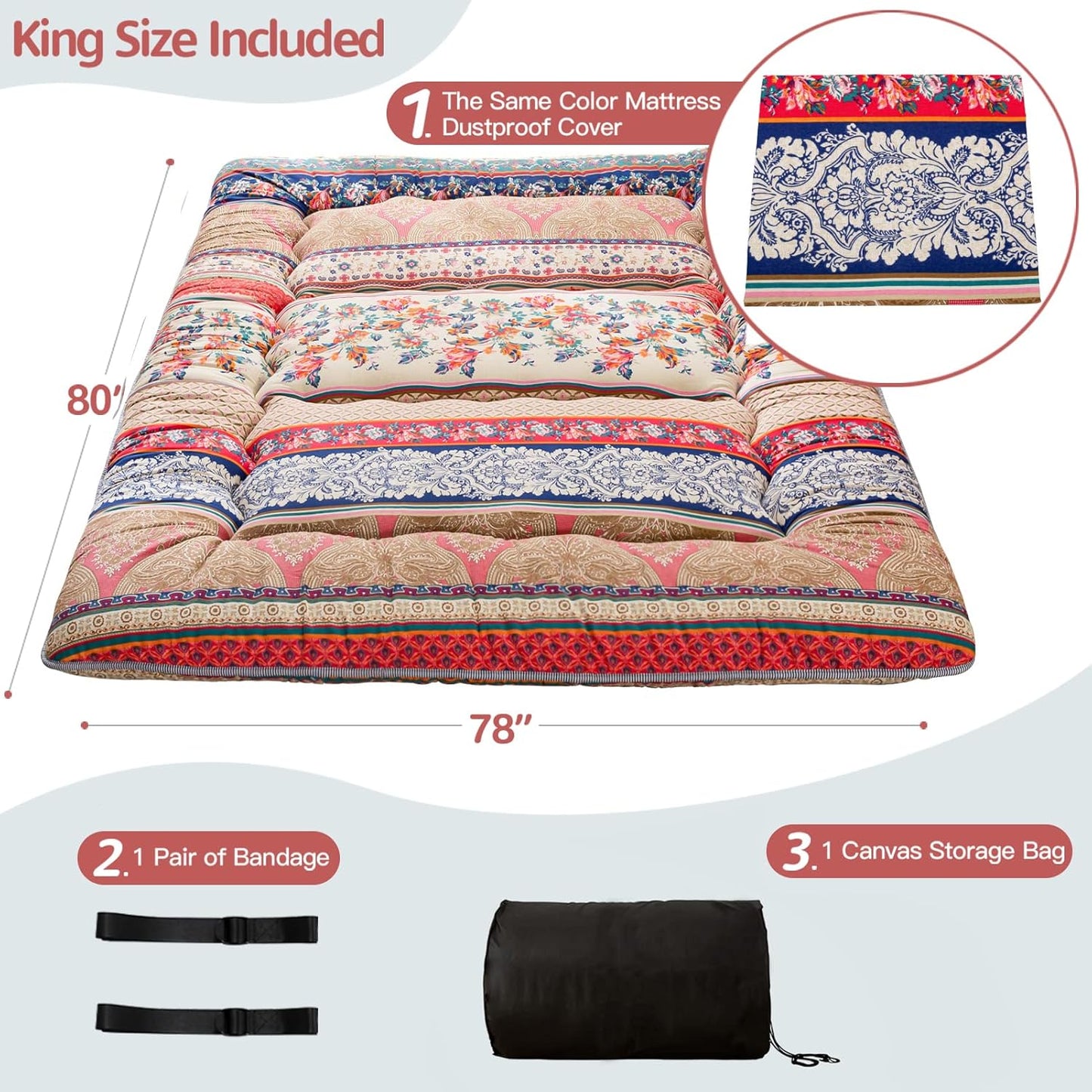 MAXYOYO Bohemian Retro Floor Mattress Vintage Floral Japanese Futon Mattress Roll Up Thicken Sleeping Bed Portable Camping Mattress Floor Lounger Couch Bed Mattress Pad, King Size