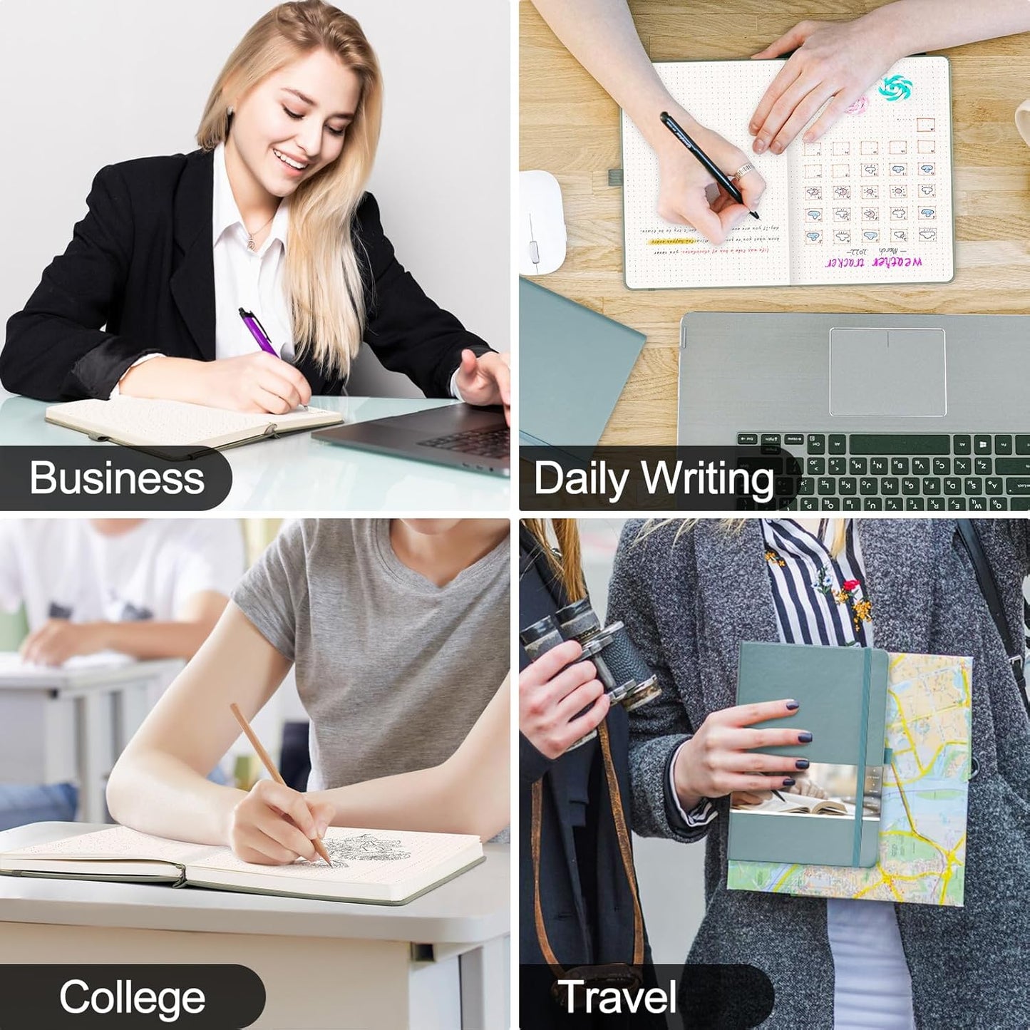 EMSHOI Dotted Notebook - 256 Pages A5 Bullet Dotted Journal, Hardcover Dot Grid Notebook, Leather Notebooks for Work, 120gsm Thick Paper,16 Perforated Pages, Inner Pocket,5.75'' × 8.38''-Pink