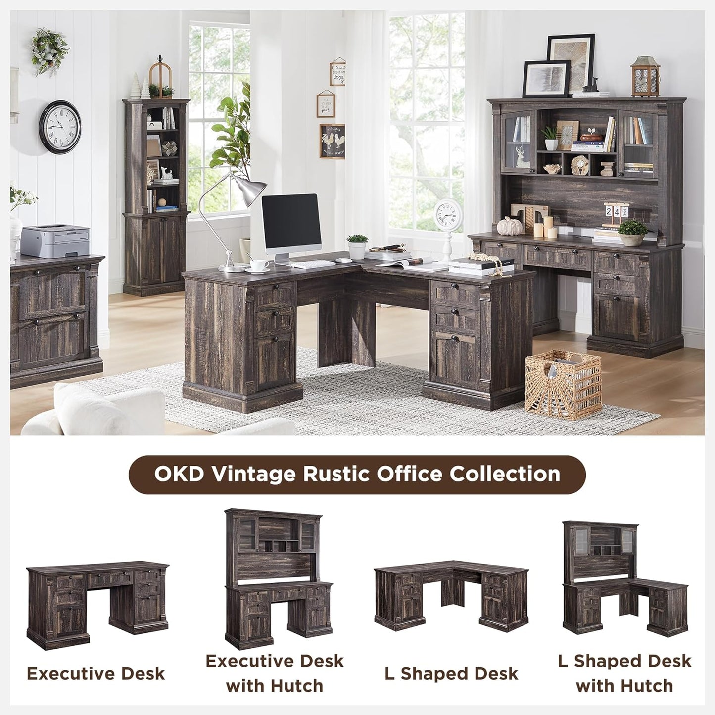 OKD 60" L Shaped Executive Desk with Hutch and Drawers, Farmhouse Home Office Desk with Charging Station, File Cabinet Storage, Wood Corner Computer Desk for Work and Study, Dark Rustic Oak