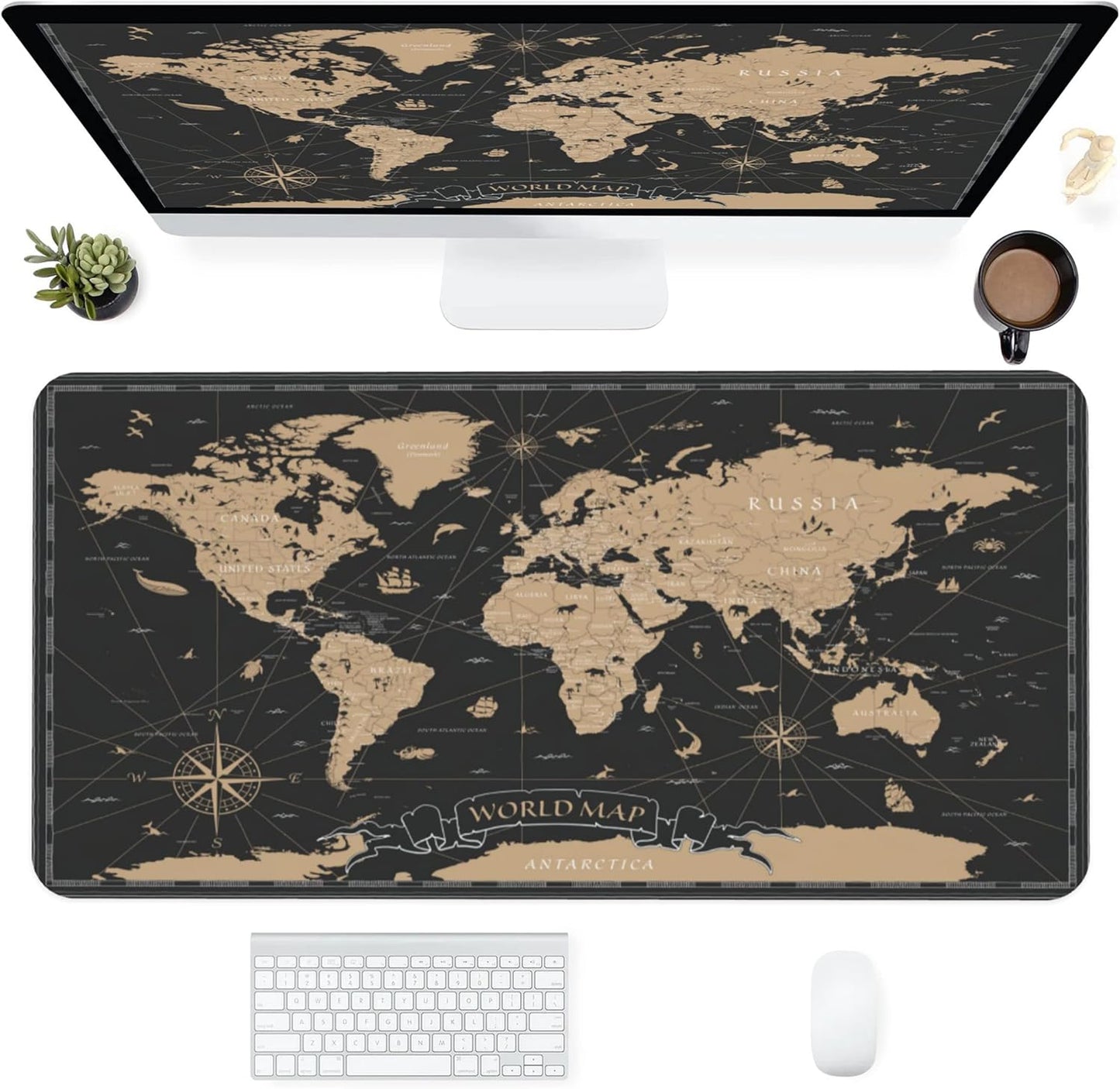 Desk Mat,Vintage World Map Extended Gaming Mouse Pad for Office Work & Game,Computer Keyboard Mouse Mat Desk Non-Slip Rubber Base Large Mousepad with Stitched Edges, 31.5x15.7inch