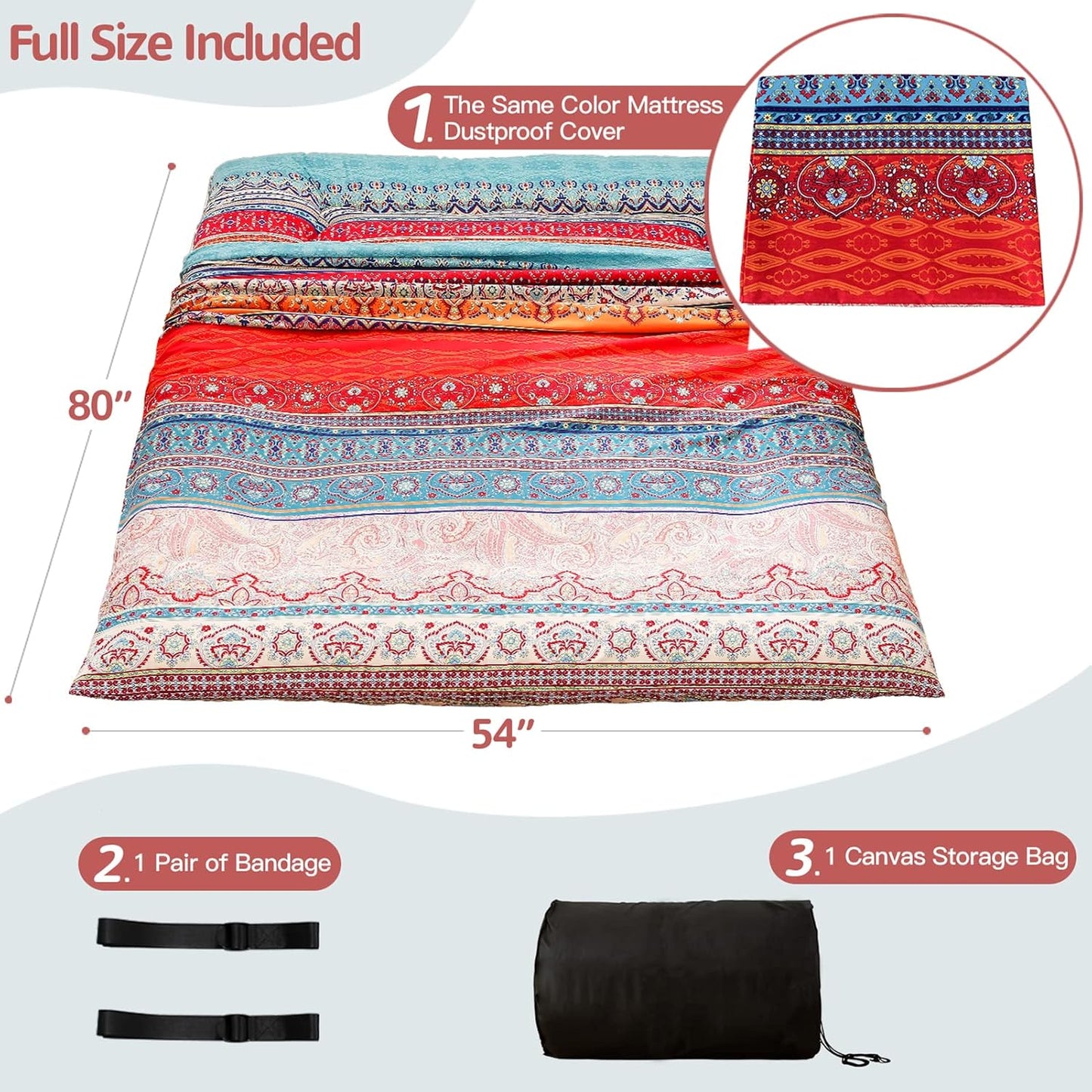 MAXYOYO Bohemian Retro Mattress Vintage Floral Japanese Futon Roll Up Tatami Floor Mat Foldable Bed Portable Camping Mattress Sleeping Pad Floor Lounger Couch Bed Full Size