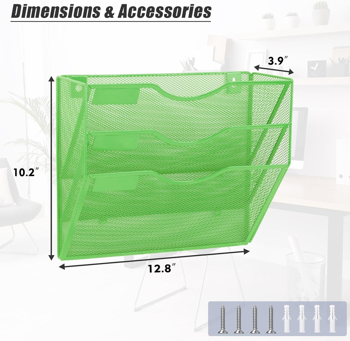 EASEPRES 3 Pocket Mesh Hanging Wall File Organizer, Wall Mounted Mail Paper Document Folder Holder, Clipboard Storage Organization Magazine Rack with Nametag Label for Office Home School, Green