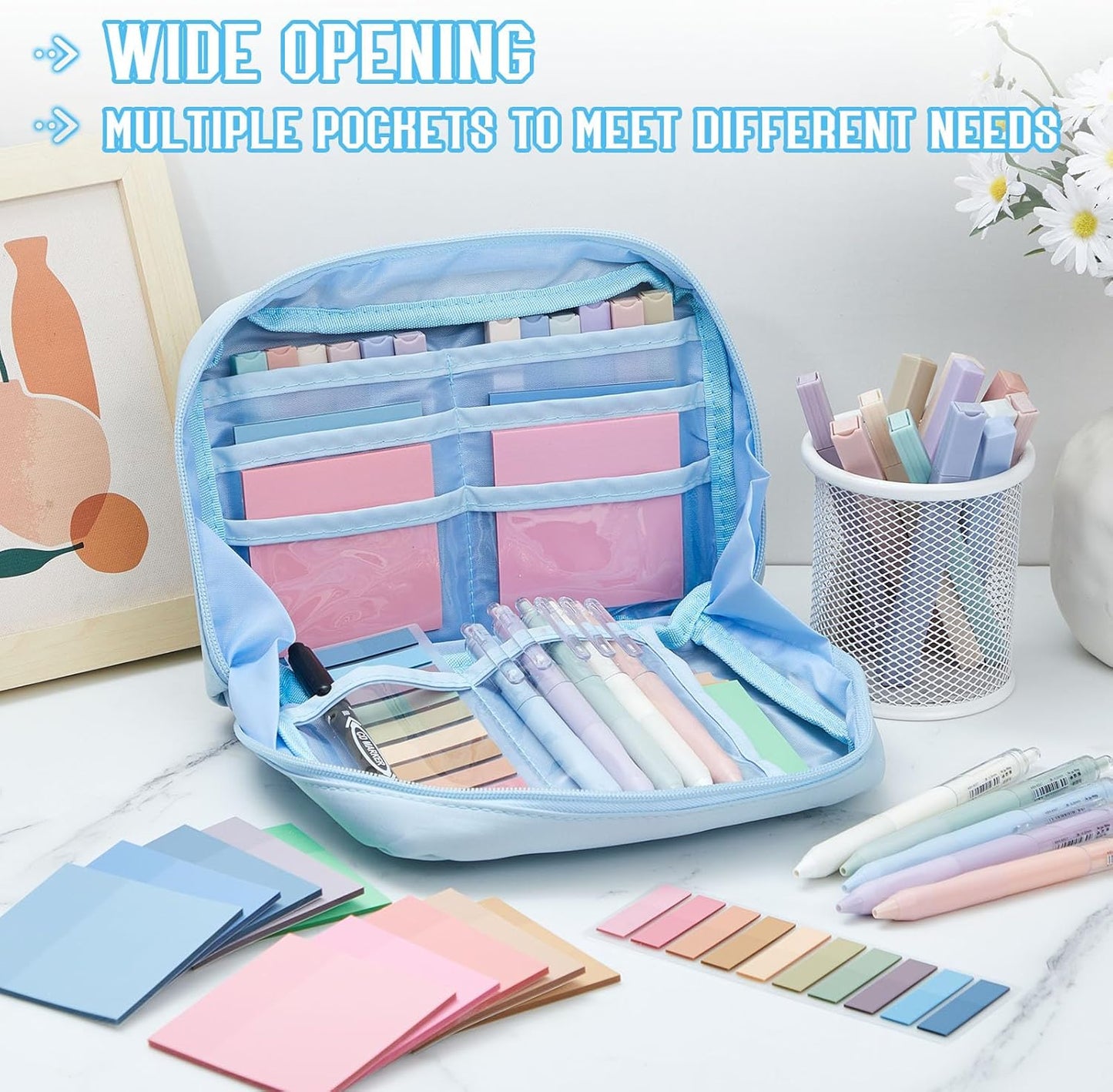 Jutom 39 Pcs Aesthetic Book Annotation Kit Highlighter with Pencil Case Bag Gel Pen Transparent Sticky Note Taking Bible Study College School Supplies(Blue,Kawaii Style)