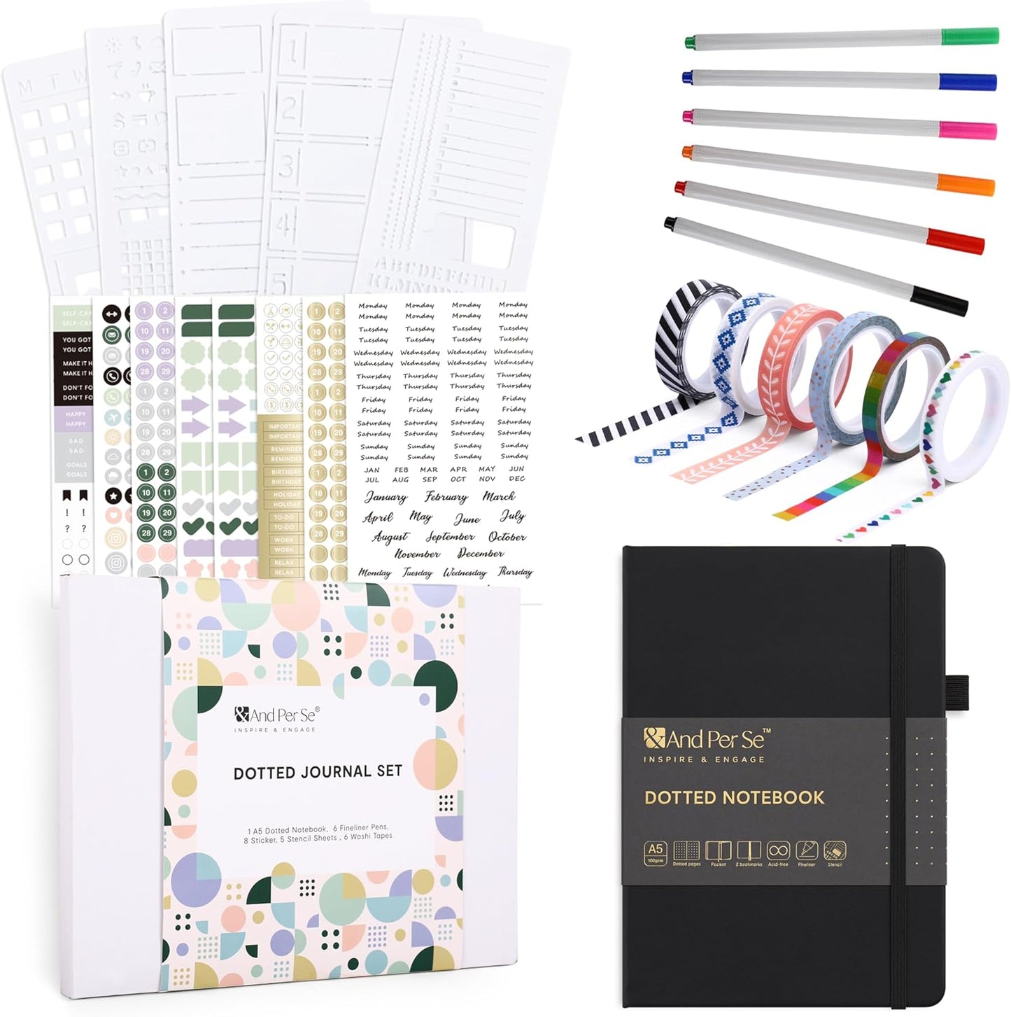 &And Per Se Dotted Journal Notebook Set, A5 Hardcover Dotted Journal (Black), 6 Fineliner Pens, 8 Sticker, 5 Stencil Sheets & 6 Washi Tapes, Journaling Supplies for Planner Schedule