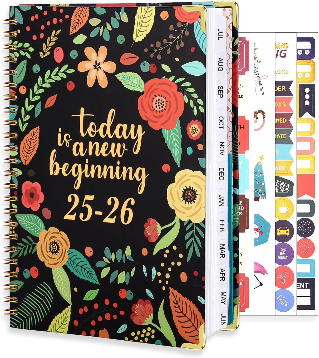 2025-2026 Academic Planner, A5 (6.5" x 8.5") Weekly and Monthly Planner, July 2025 -June 2026, Calendar Planner with Tabs, Inner Pocket for Home School Office Supplies, Black Flower