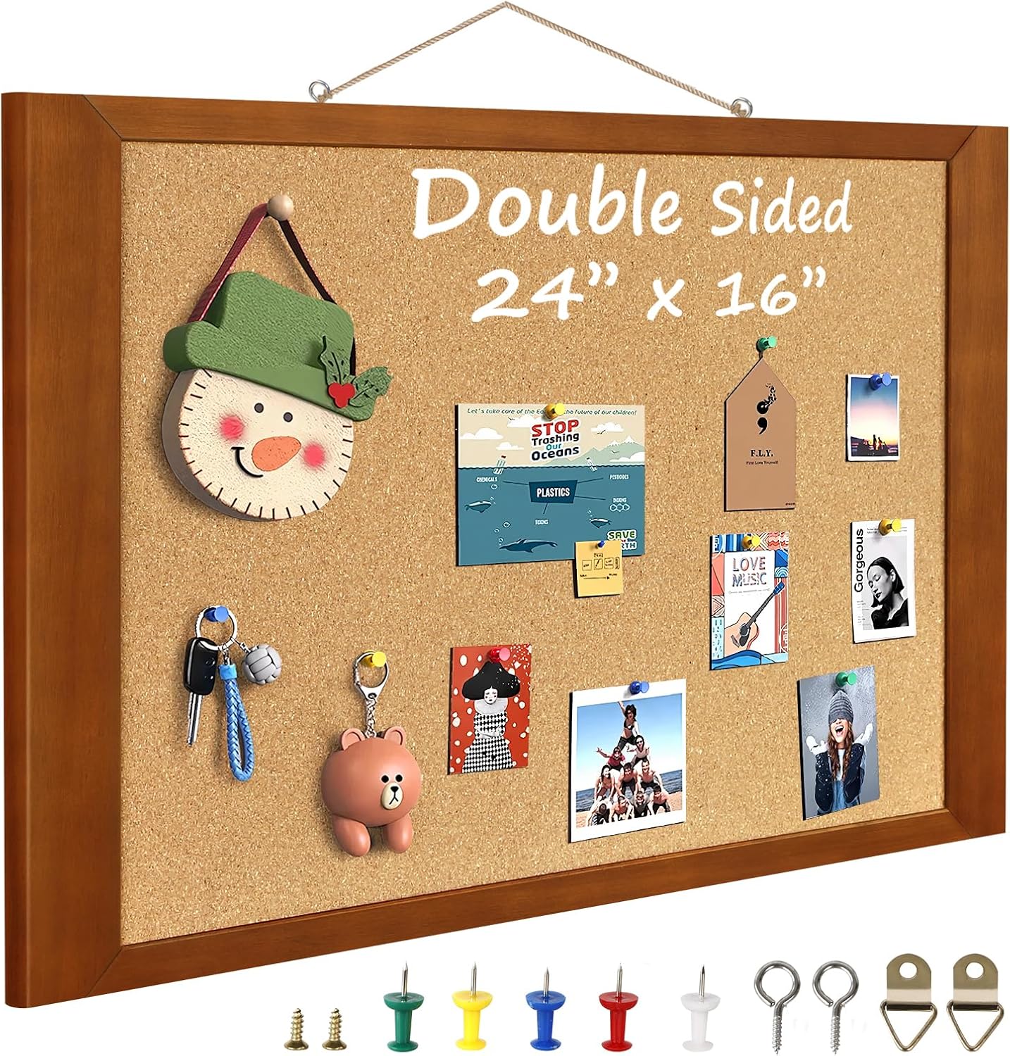Cork Boards for Wall 16” x 24”, Extra Wide Wooden Framed Bulletin Board, Decorative Hanging Pin Board, Corkboards for Wall Notice Board Memo Board for Home, School, Office, Two-Sides Cork