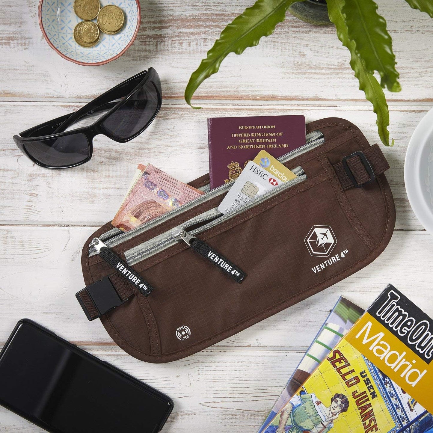 VENTURE 4TH Travel Money Belt - Slim Passport Holder RFID Blocking Travel Pouch to Protect Cash, Credit Cards and Travel Documents (Brown)