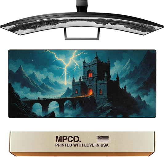 MPCO. Dark Fantasy Large Gaming Desk Pad - 36" x 17" Aeroglyde Fabric Thunder’s Wrath Keep Desk Mats - Non-slip, Washable, Smooth Glide for Precision Gaming & Work