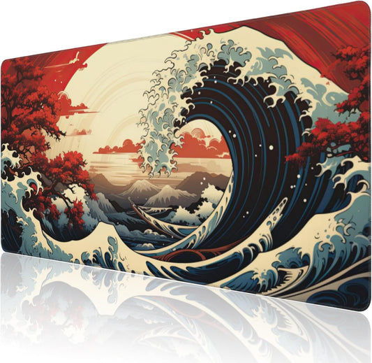 Extended Large Gaming Mouse Pad, Japanese Great Wave Sunset Large Desk Mat for Desktop, Non-Slip Rubber Base Stitched Edges Long Computer Keyboard Desk Pad Mouse Mat for Home Office 35.4"X15.7"