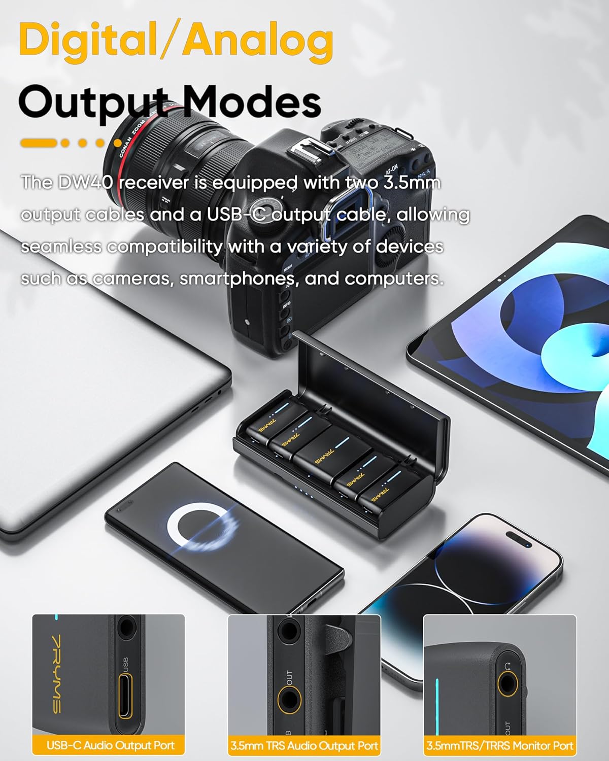 7RYMS iRay DW40 Wireless Lavalier Microphone System with 4 Transmitter, Noise Cancellation, 656ft Range, 12.5H Working, Lapel Mic for iPhone Android Camera PC, Podcast Live Streaming Interview