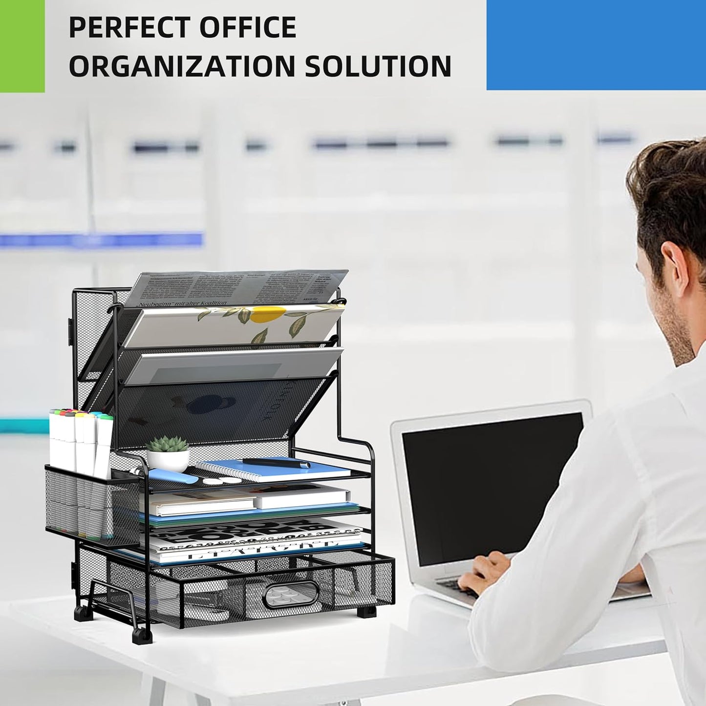 4-Tier Paper Organizer + 3-Pocket File Holder + Drawer + Pen Holders, Desktop File Organizers Paper Tray for Office Accessories School Classroom Organization (Black)