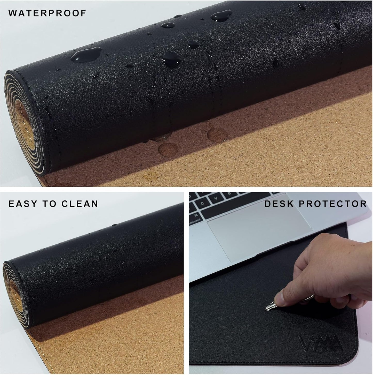 Vyaaa Cork & Leather Desk Mat, 47.2" x 15.7" Dual Sided Leather Desk Pad, Large Mouse Pad ，Waterproof Extra Large Desk Mat, Desk Mats on top of Desks for Home or Office (Black)