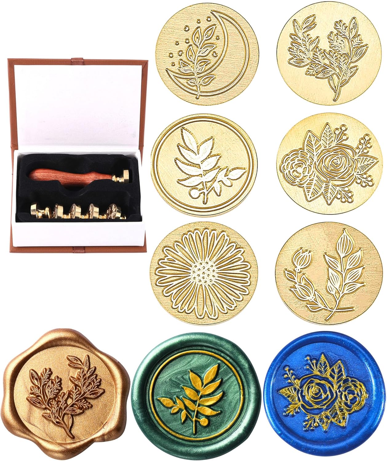 Yoption 6 Pieces Botanical Wax Seal Stamp Heads Set, Vintage Plant Flower Eucalyptus Sealing Stamp for Wedding Envelopes Invitation Decoration