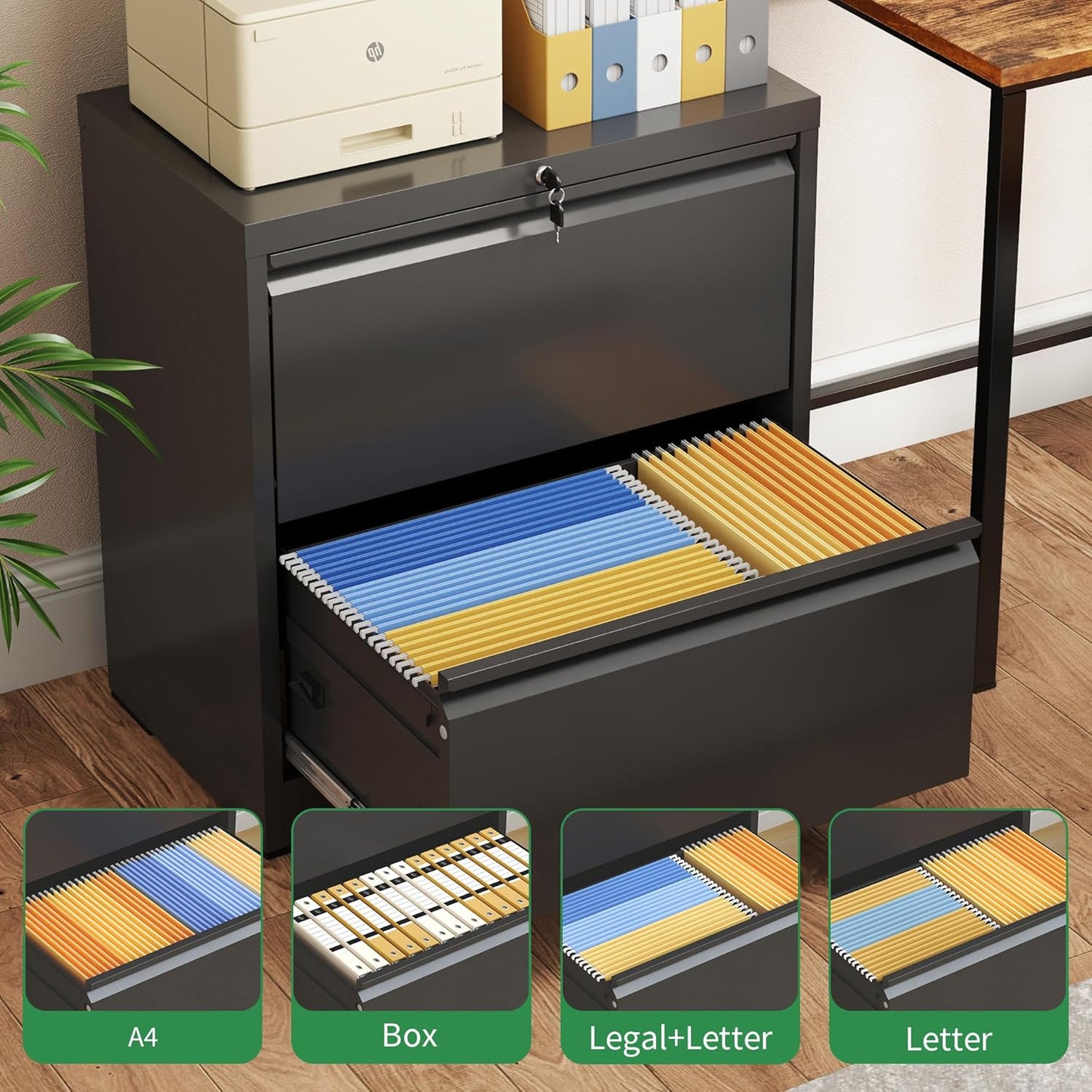 2 Drawer Lateral File Cabinet with Lock, File Cabinets for Home Office Legal/Letter A4 Size, File Cabinet Storage Cabinet,Require Assembly, Black