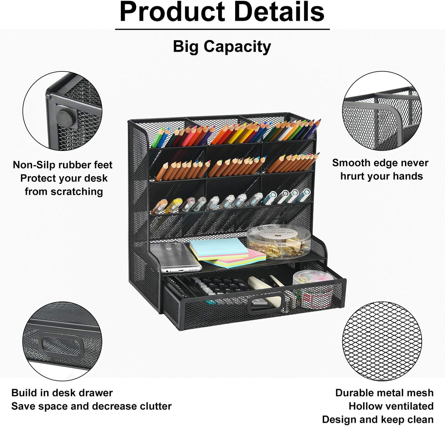 Marbrasse Mesh Pen Holder for Desk, Multi-Functional Pencil Organizer with Drawer, Desk Organizers and Accessories for Office Art Supplies (Large Black)