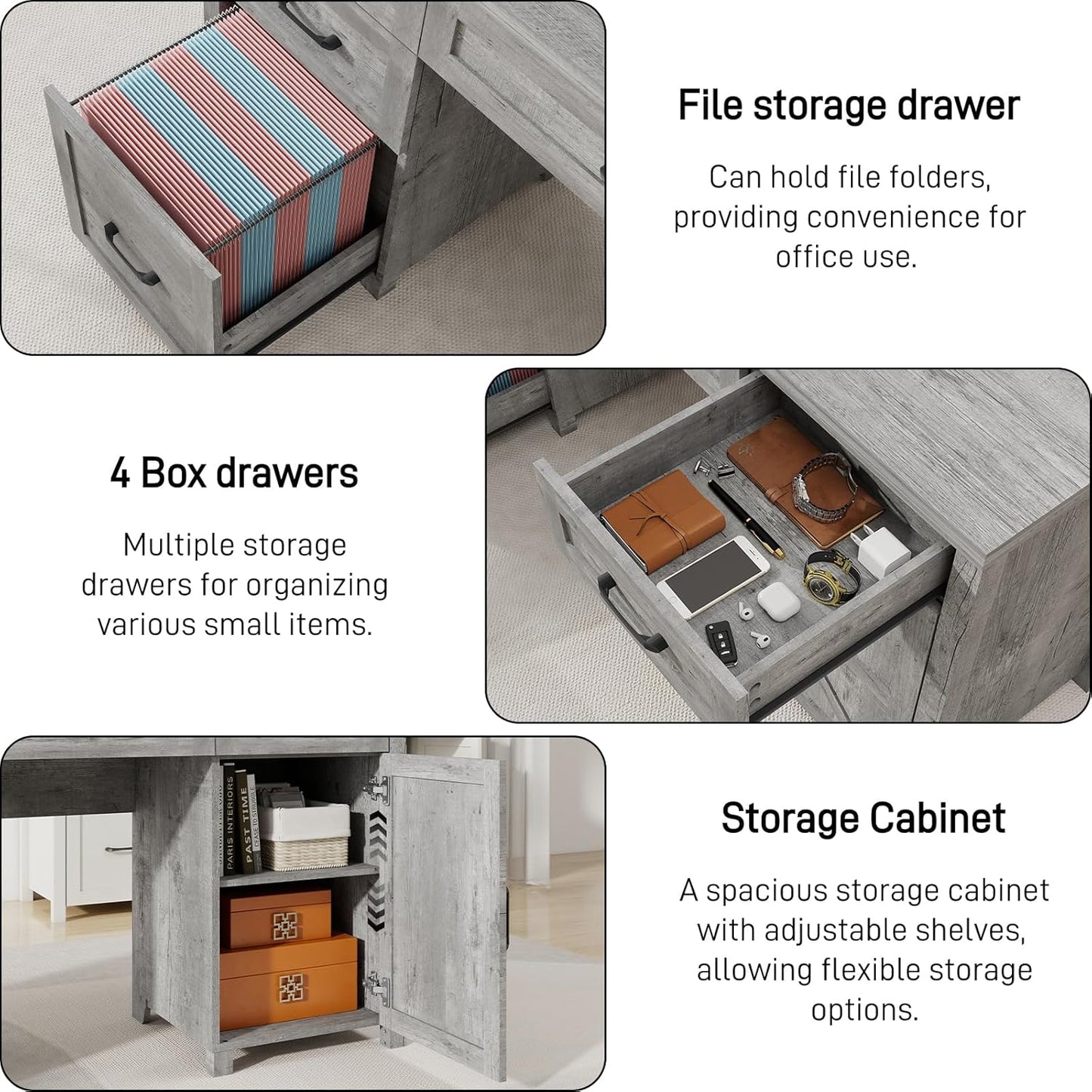 Farmhouse 67''H Executive Desk with Hutch & 5 Drawers, Rustic Office Desks Computer Desks with Charging Station, File Drawers and Storage Cabinets, Wood Workspace for Home Office & Study.（Grey）.