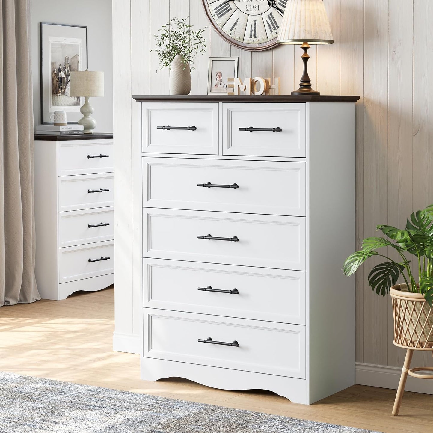 White Farmhouse Dresser for Bedroom, Modern 6 Chest of Drawers, 44" Tall Chest of Drawers w/Brushed Metal Handle, Wood Closet Organizers and Storage Cabinet for Bedroom, Living Room, Hallway