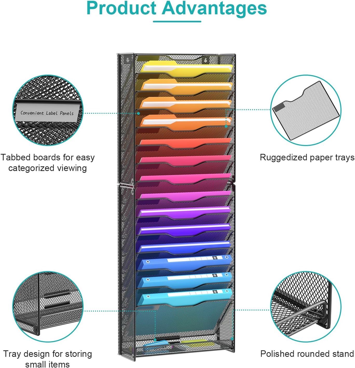 Wall File Organizer, 16-Tier Mesh File Holder, Vertical Document Rack For Home, School, and Office Use (Black)