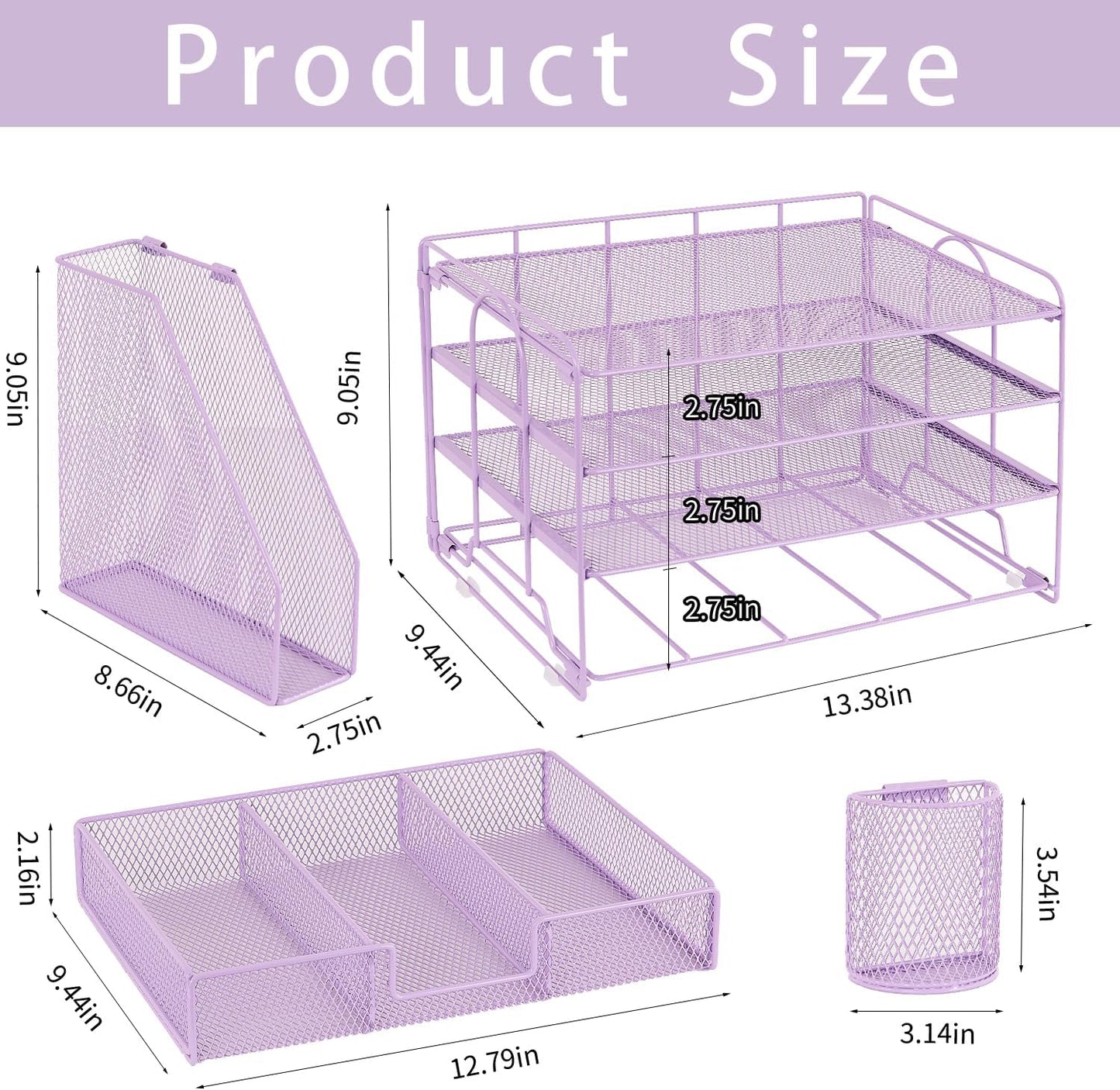 Desk Organizer and Accessories, 4-Tier Desktop File Organizer with Drawer and 2 Pen Holders, Office Desk Accessories for Office Supplies(Purple)