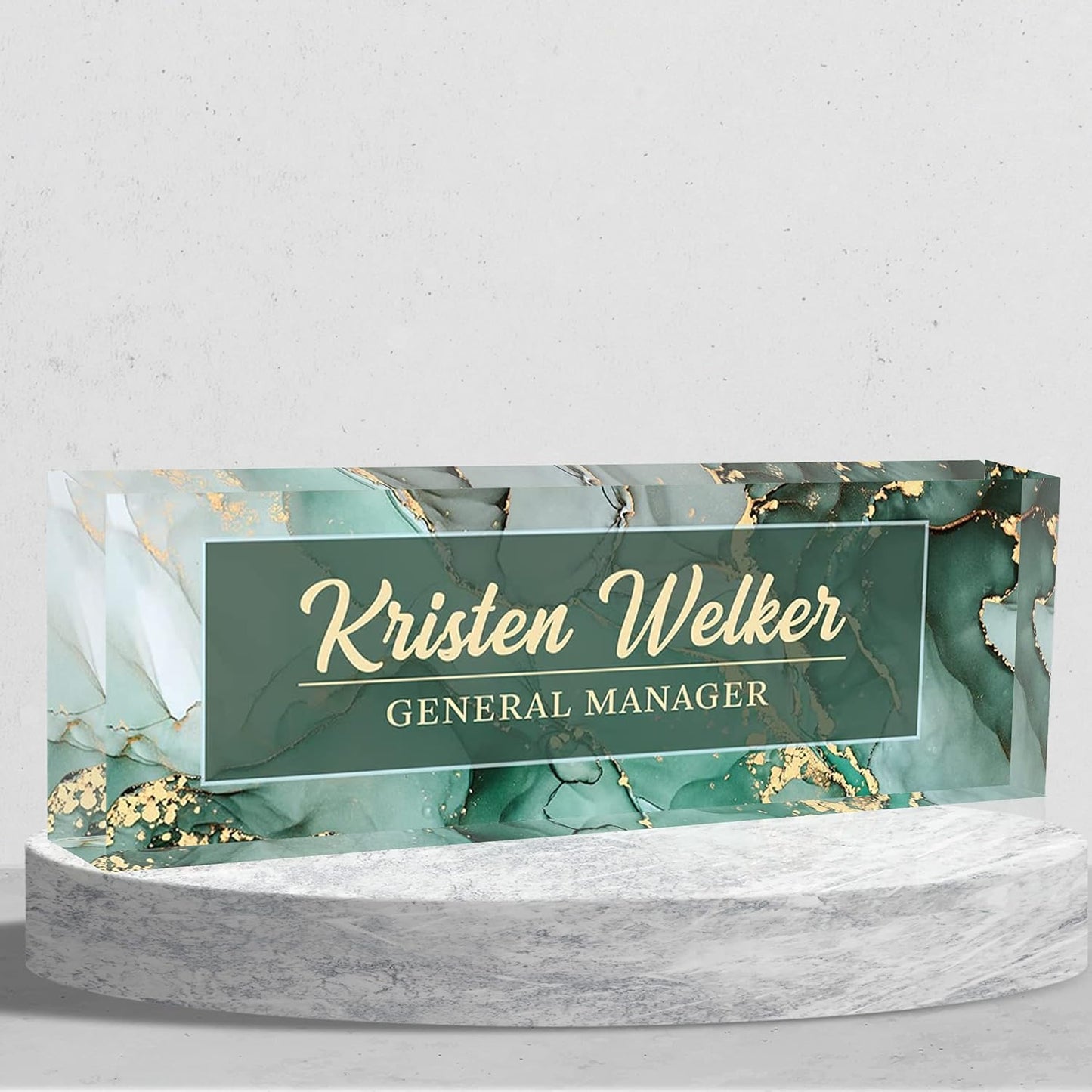 Personalized Premium Green Marble Acrylic Desk Name Plate, Office Decor for Women or Men Coworkers, Boss, Employee, Teacher