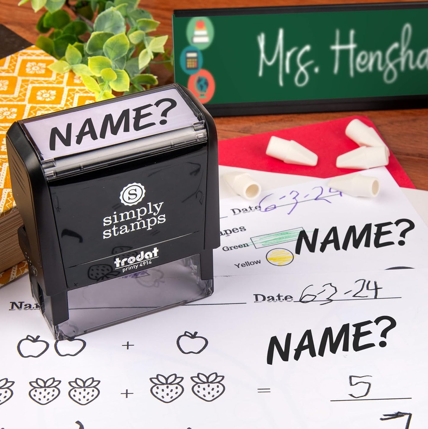 Custom Self-Inking Teacher Stamps | 49 Designs | Fun Phrases | Grading Made Easy | Classroom and Library Book Stamps (Name?, Large)