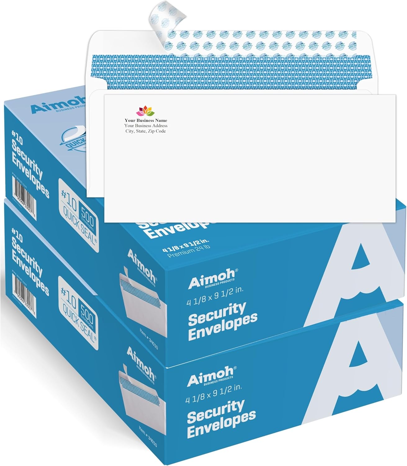 Aimoh 1000#10 Custom Printed Security Tinted Self-Seal Envelopes - Personalized with Logo and Address/Return Address Imprinted -Size 4-1/8 X 9-1/2" -White -24 LB -1000 Count (74001)