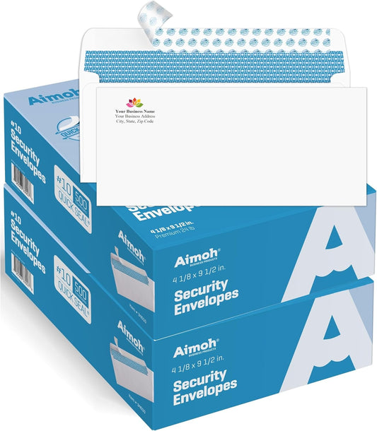 Aimoh 1000#10 Custom Printed Security Tinted Self-Seal Envelopes - Personalized with Logo and Address/Return Address Imprinted -Size 4-1/8 X 9-1/2" -White -24 LB -1000 Count (74001)
