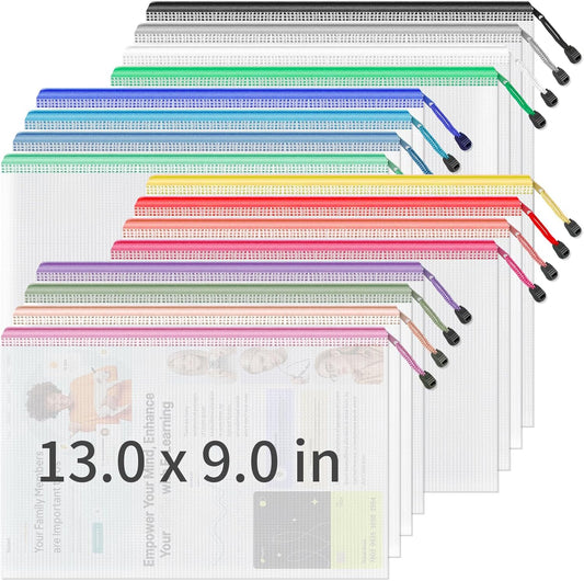 Umriox 16PCS Zipper Pouch, Mesh Bags with Zipper, 16 Color A4/Letter Size Pouches for Organization, Clear Zipper Pouches for Puzzles, Board Games, Craft Projects