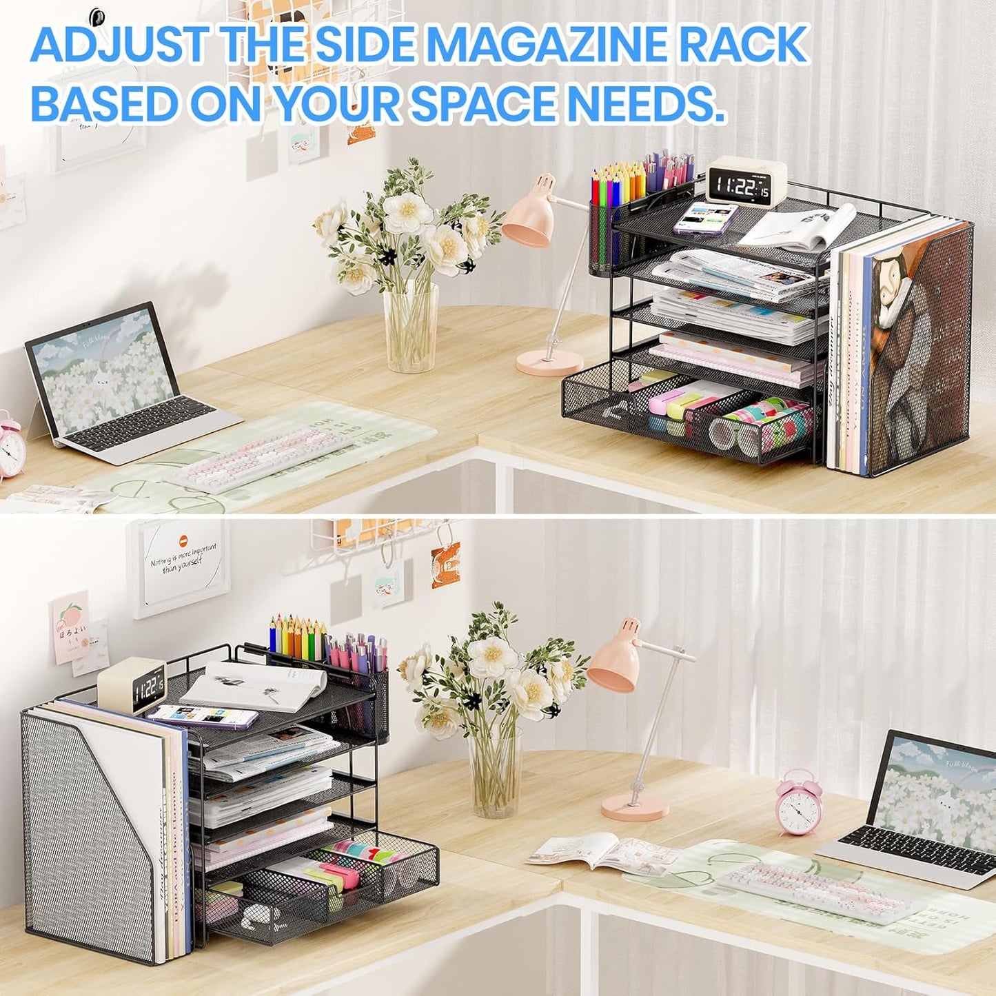 Desk Organizers and Accessories, 5-Tier Paper File Organizer with Drawer & Pen Holder, Office Desk Accessories Workspace Desktop Organizer for Office Supplies(Black)