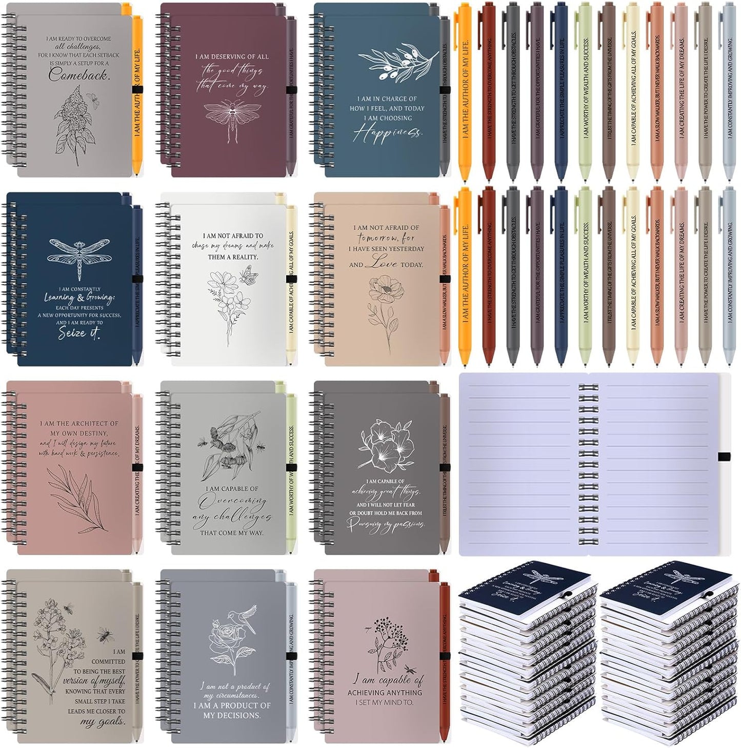 Kosiz 72 Pcs/36 Set Positive Affirmation Gifts Gratitude Spiral Notebooks with Pens Motivational Encouragement Notepads Daily Affirmations Journal for Women (Simple)